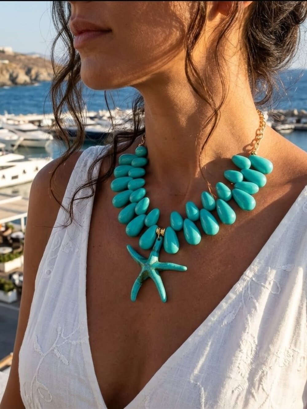 Turquoise Chunky Teardrop Necklace | Coastal Starfish Pendant Statement Jewelry